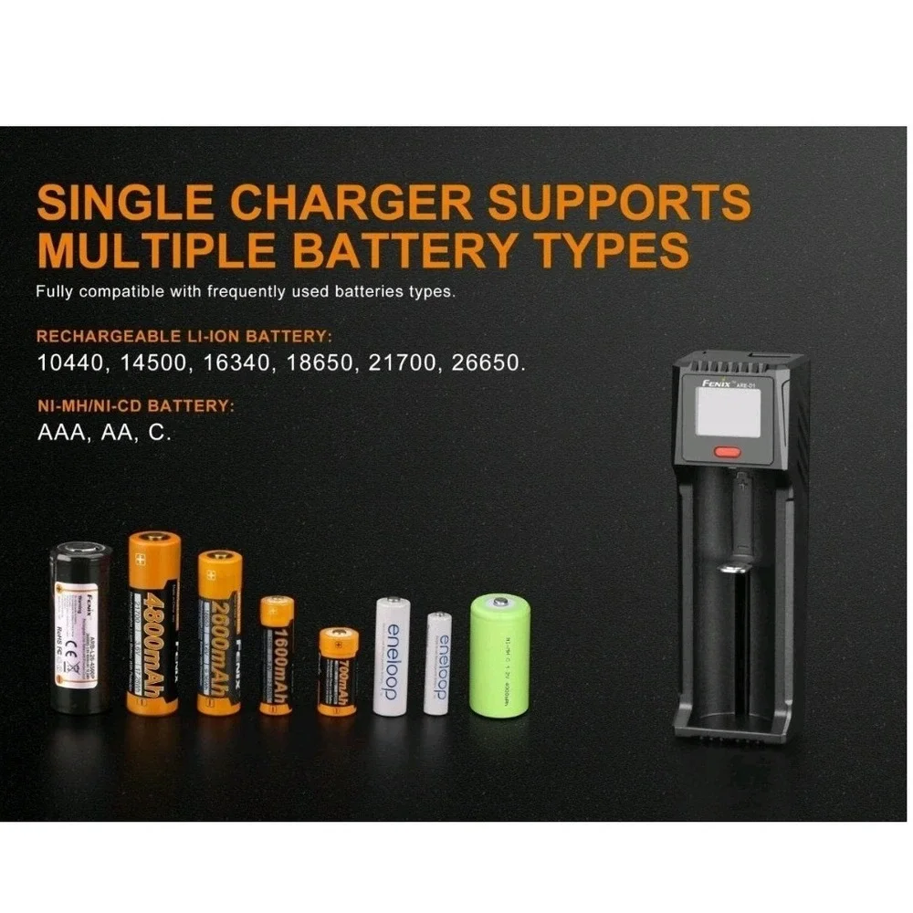 Fenix ARE-D1 USB Battery charger w/ carry case 21700 18650 16340 14500 AA AAA C